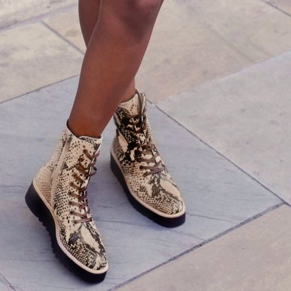 Anthropologie Silent D Udana Snake Print Lace Up Boots Brown Python Women's 39